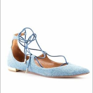 Aquazzura Light Blue Lace-Up Pointed Toe Flats